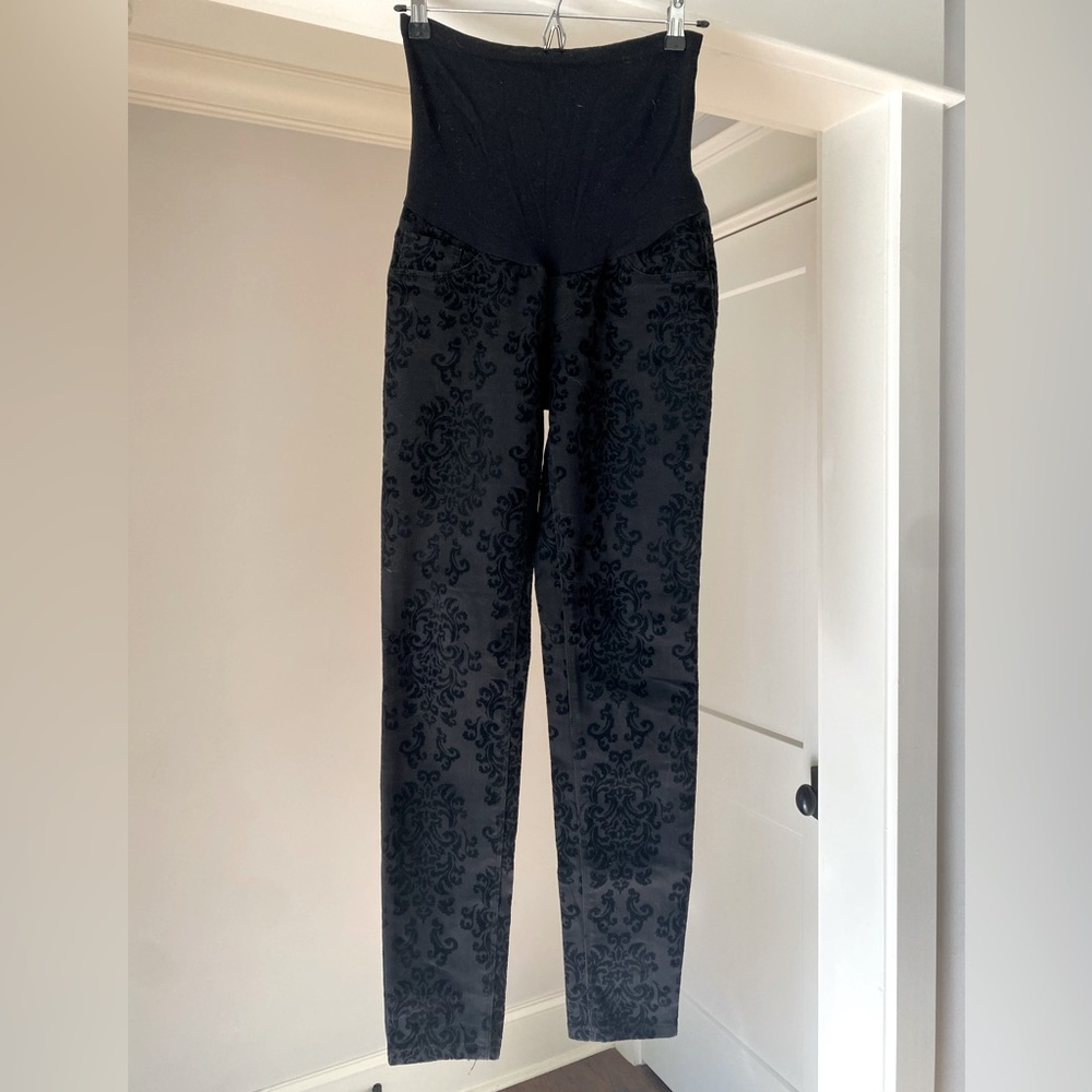Elegant Black Fitted Damask Print Maternity Pants Size XS